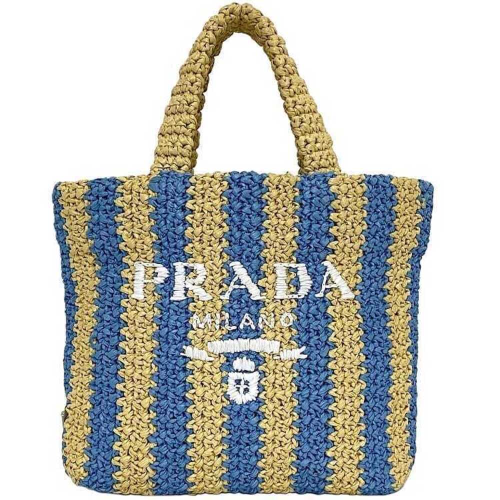 Prada Tote Bag Beige Blue Stripe Raffia Crochet Straw Tan Triangle NATURALE